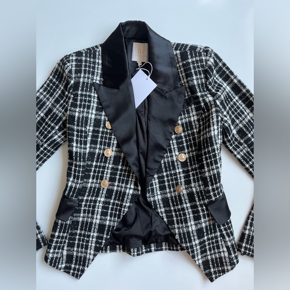 NWT Rachel Parcell Black and White Plaid tweed Blazer - Picture 5 of 16
